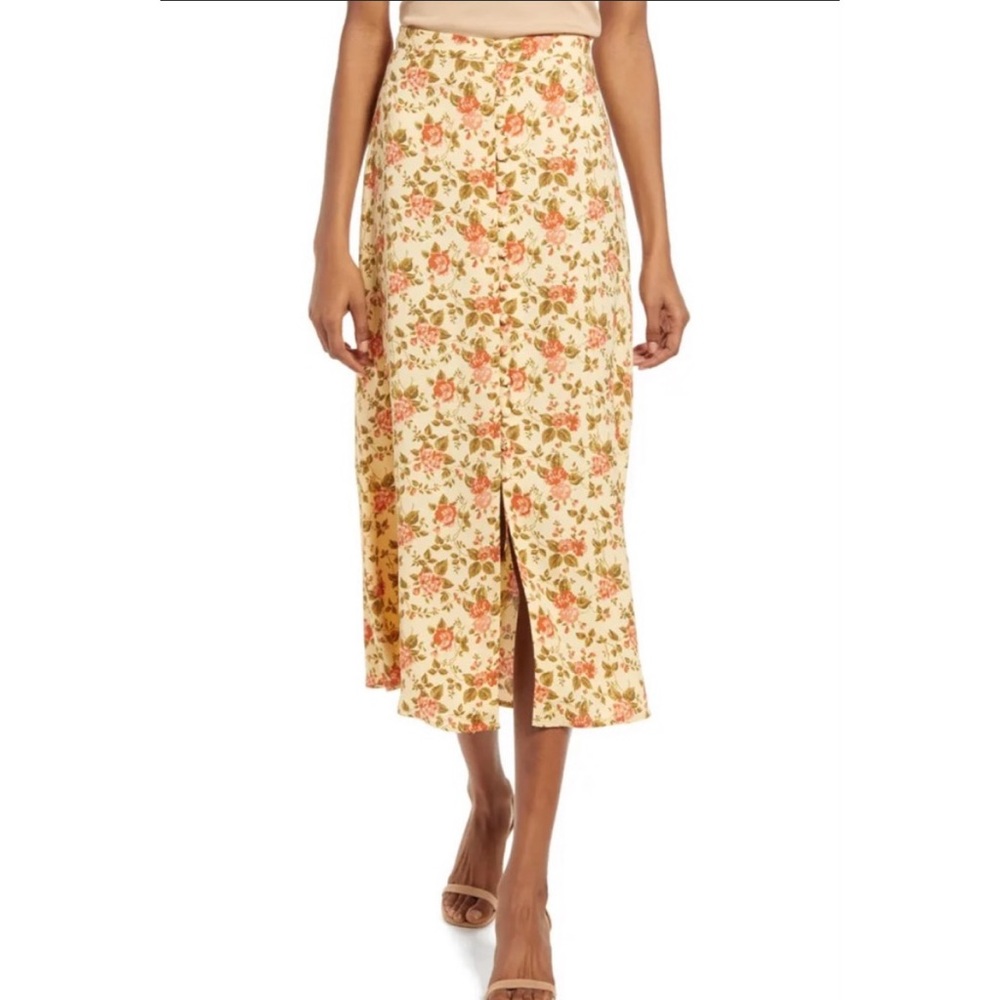 Reformation Cream Floral Midi Skirt with Front Slit